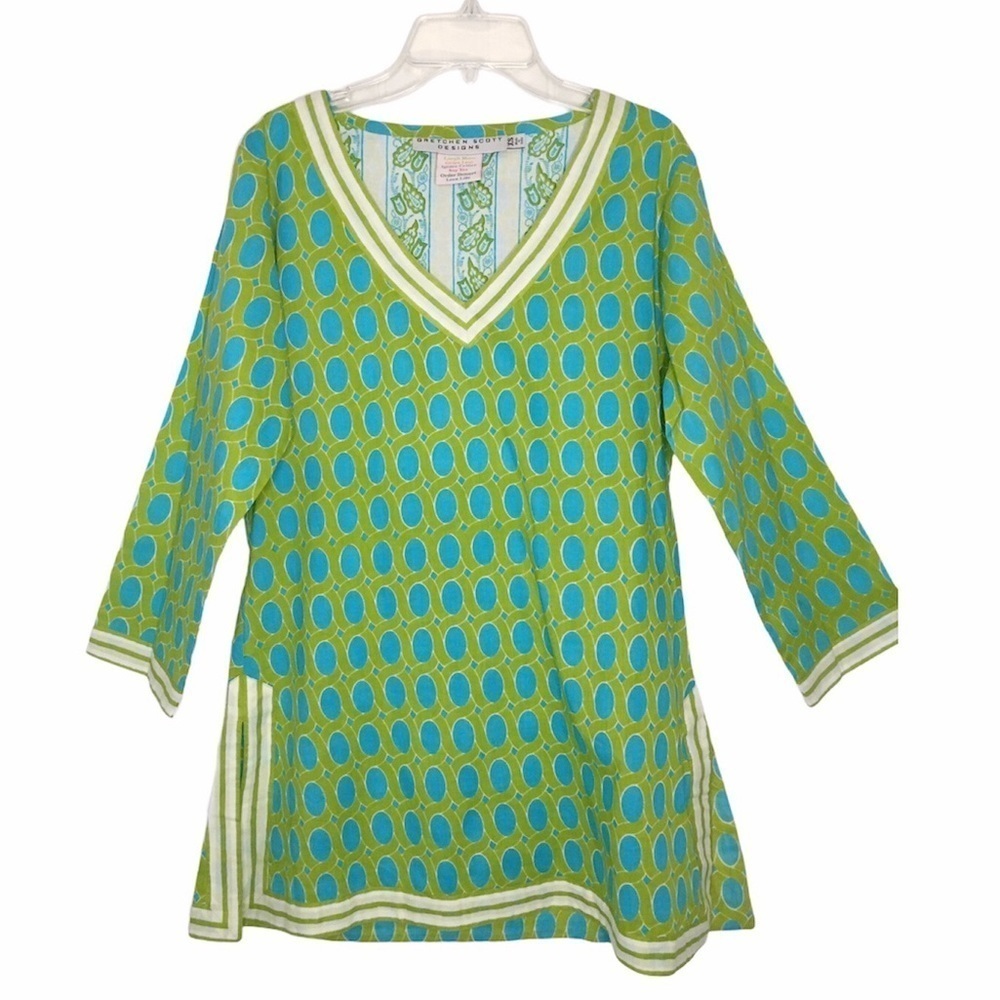 GRETCHEN SCOTT DESIGNS Green & Turquoise Geometric Cotton Tunic /Coverup Size XS